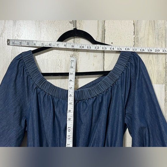 Eloquii Blue off Shoulder Lightweight Denim Dress Tie Front and 3/4 Sleeves - Picture 8 of 12